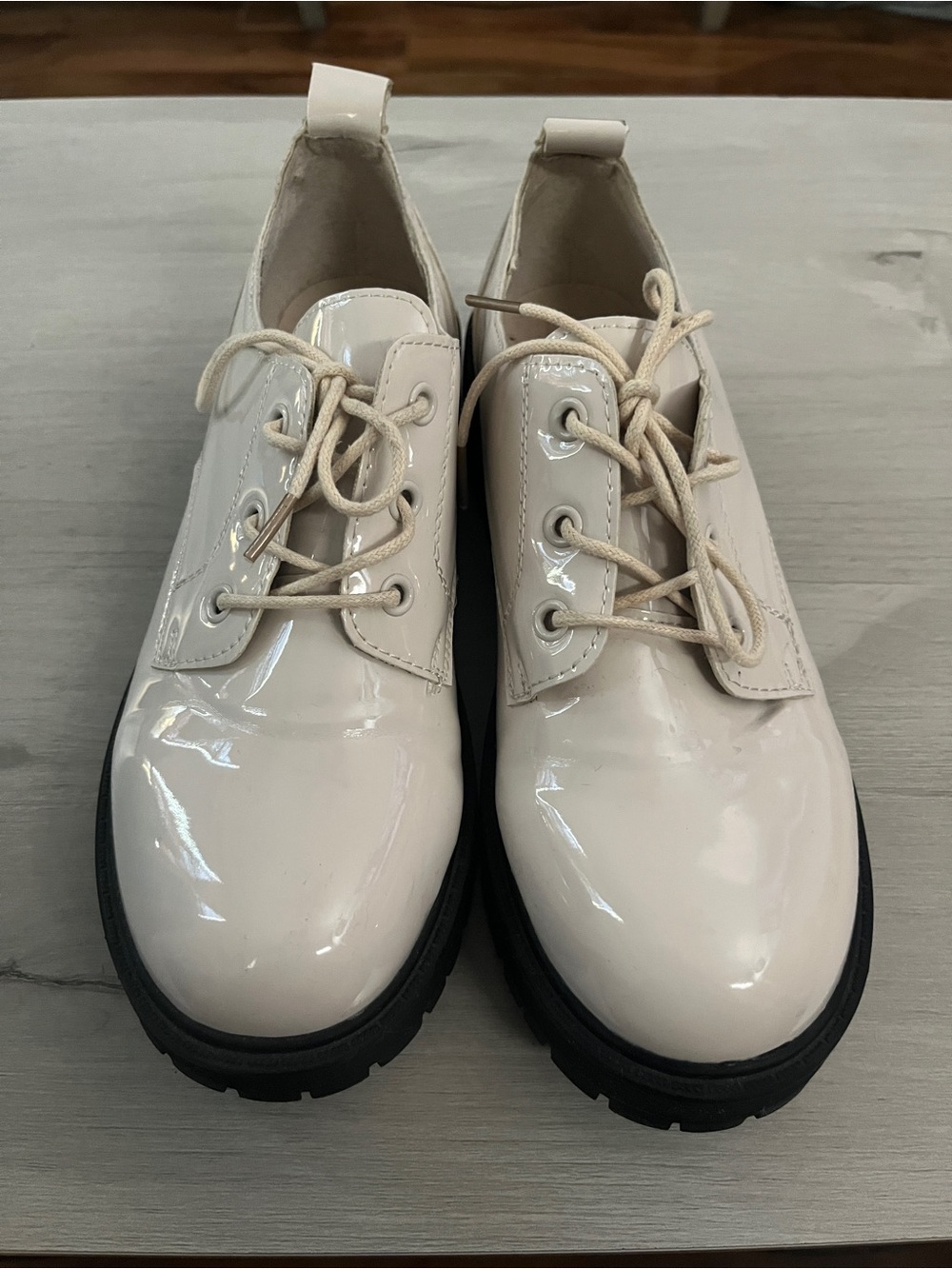 Patent Lace-Up Platform Oxfords in Cream